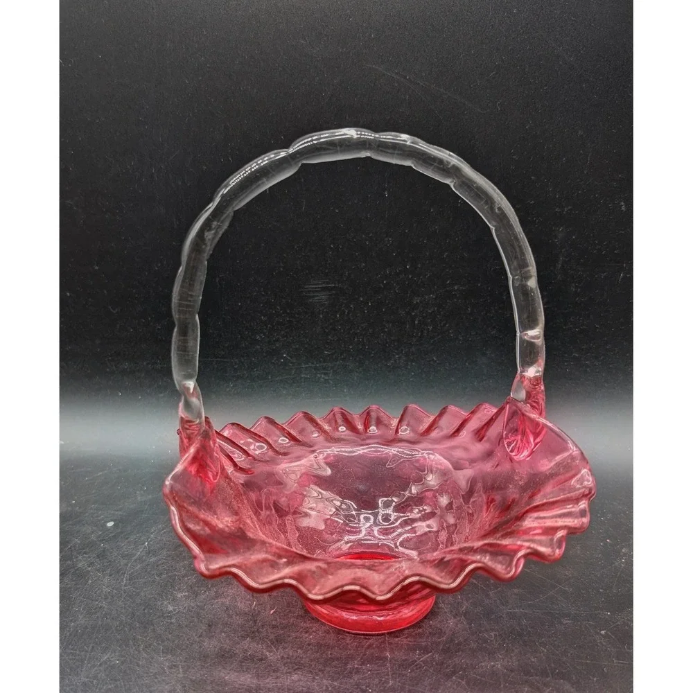 Vintage Cranberry Glass Basket Diamond Quilt Ruffled Rim Clear Thorn Handle Pink
